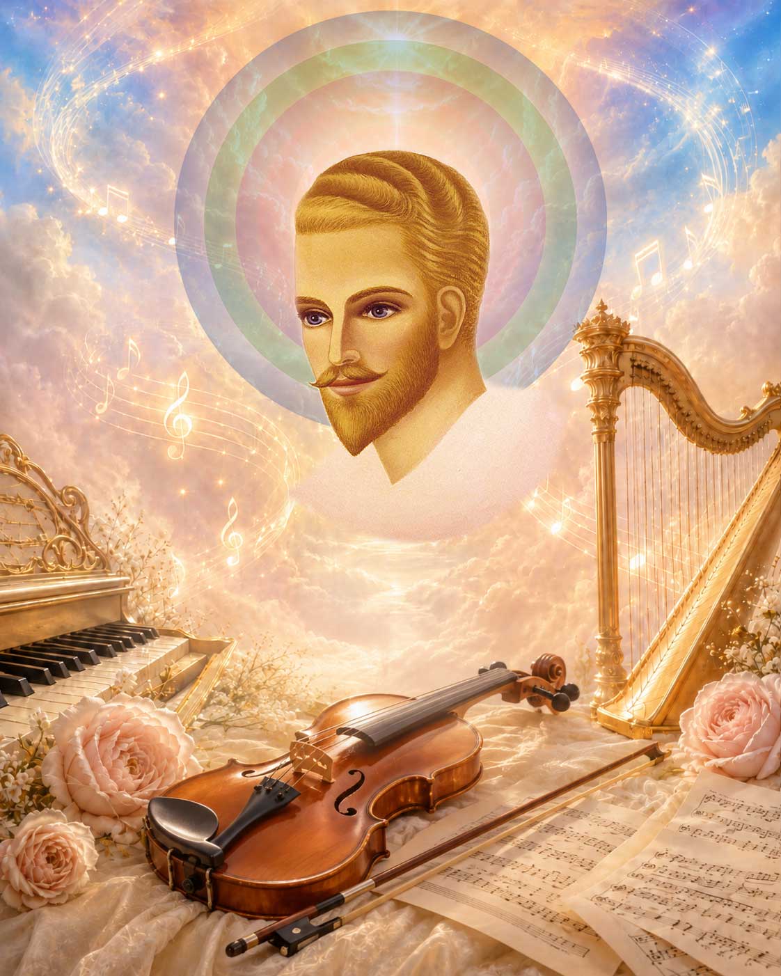 Sacred music, harp, piano, violin, and sheet music representing the keynotes of the Ascended Masters and spiritual attunement through the teachings.